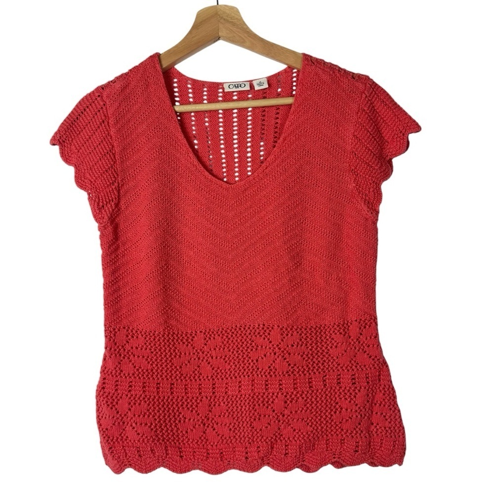 Cato Coral‎ Crochet Floral Cap Short Sleeve Blouse M